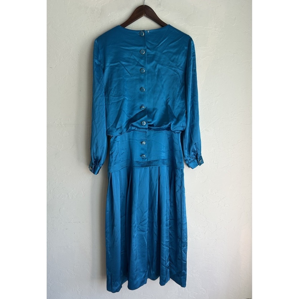 Vintage 70s 80s Joan Sparks Daniel Barrett Teal Satin Midi Dress‎ 8 Art Deco - Picture 3 of 13